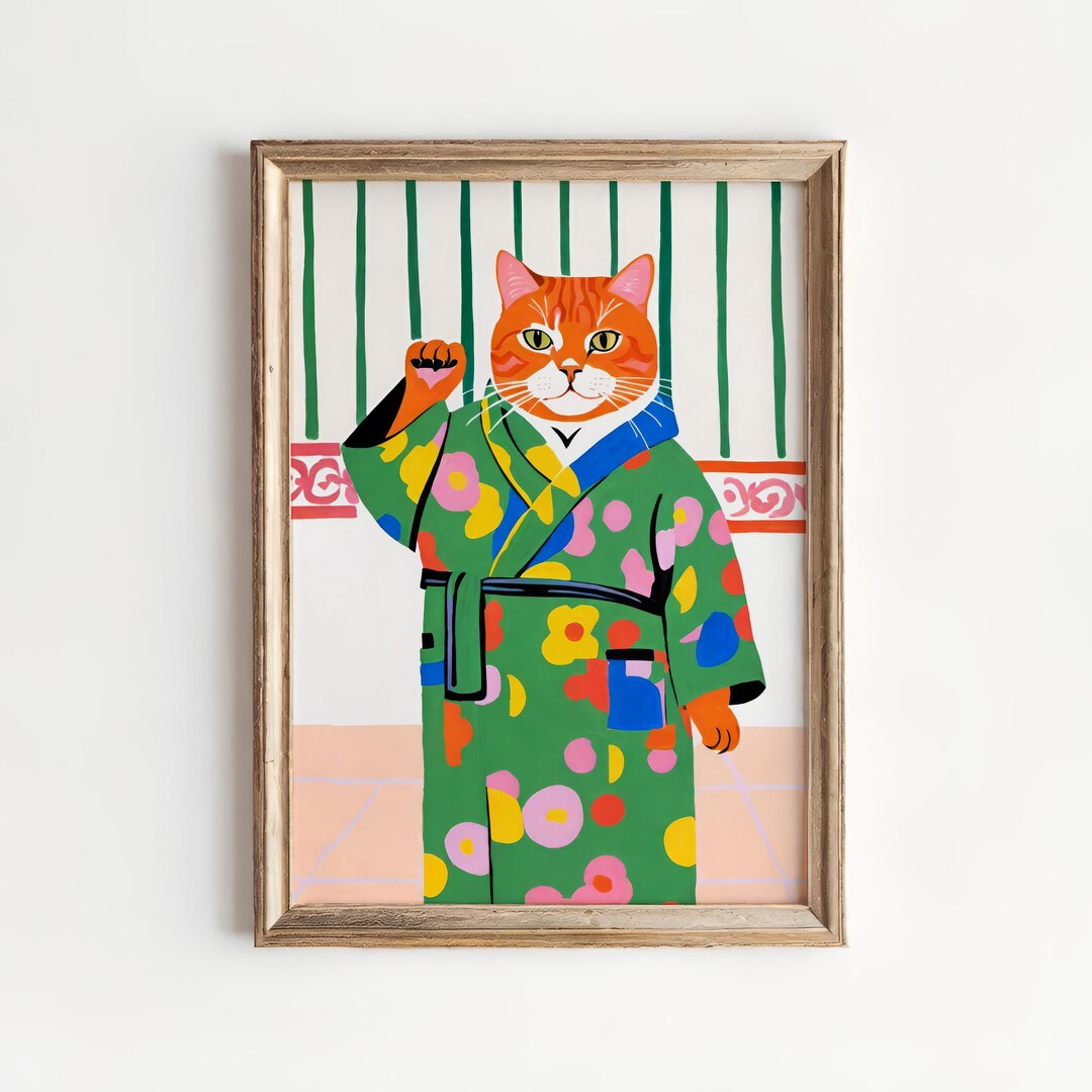 Japanese Cat Art Print, Tabby in Floral Kimono Wall Decor, Colorful ...