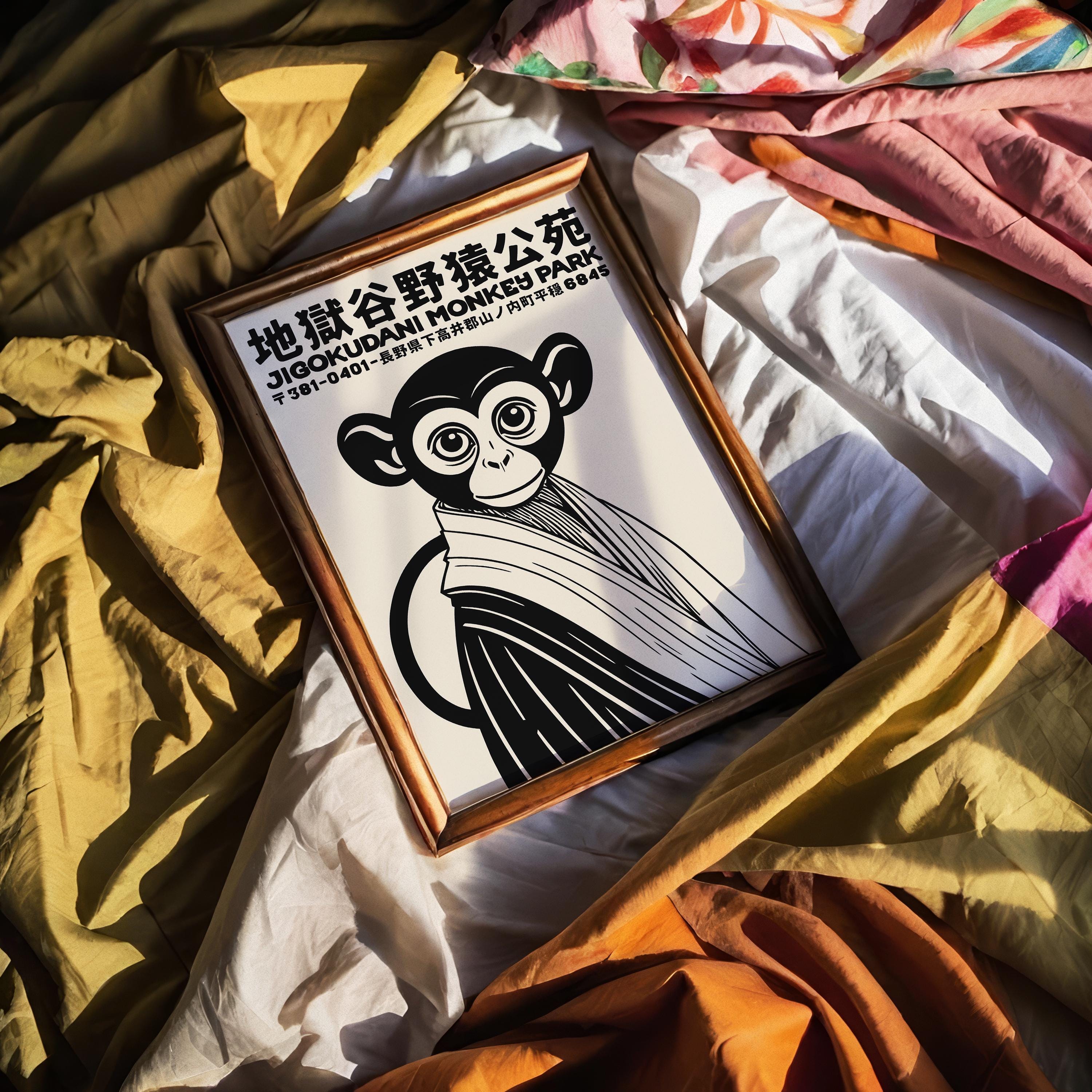 Japanese Monkey Park Poster: Mid-century Modern Black & White Art