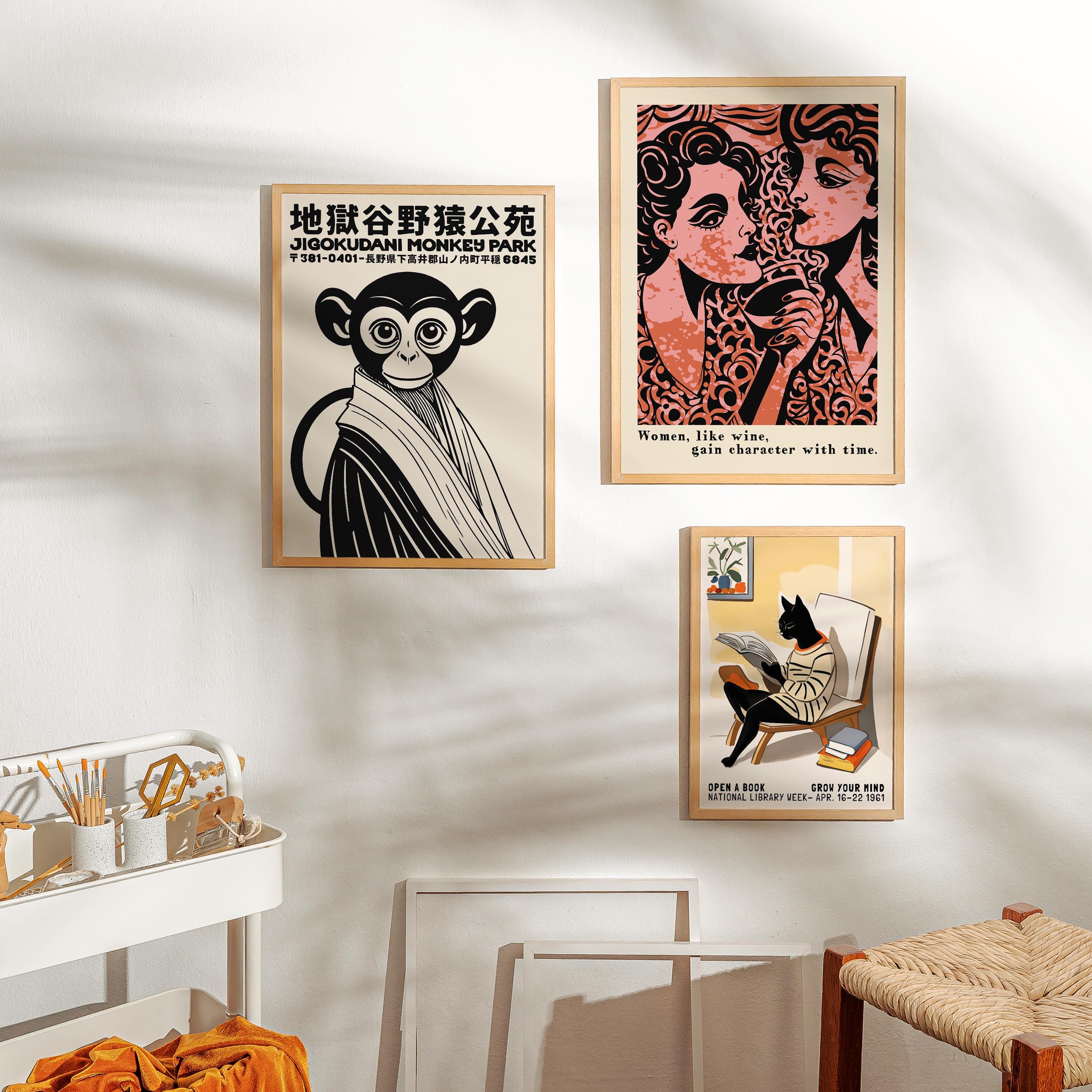 Japanese Monkey Park Poster: Mid-century Modern Black & White Art