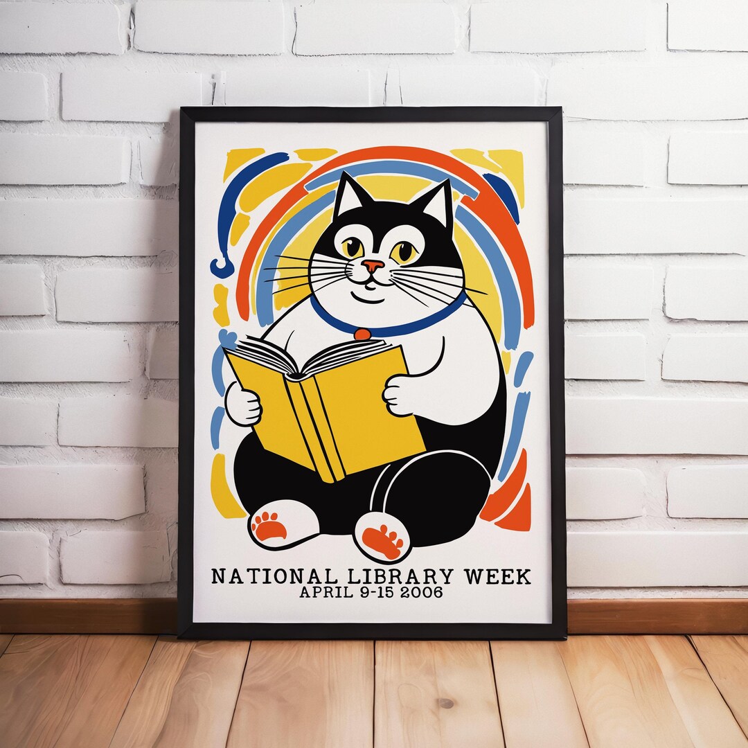 Retro Cat Reading Poster: National Library Week Art Print - Etsy