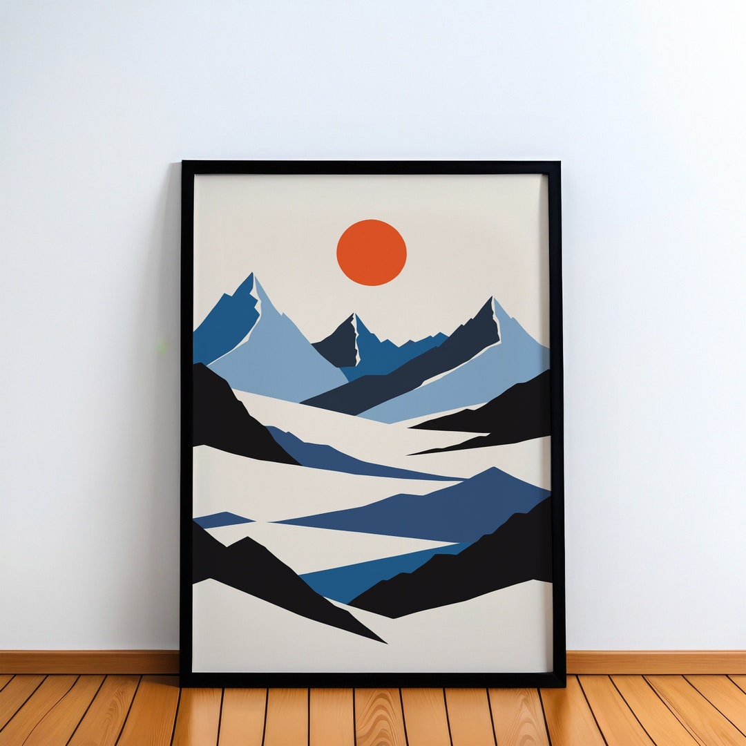Minimalist Mountain Landscape Poster With Vibrant Sun, Modern Wall Art ...