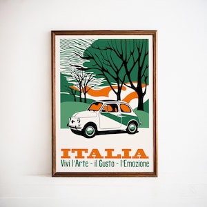 Italia Travel Poster, Retro Italian Cat Print, Mid Century Modern Wall Art, Minimalist Design, European Automobile Decor, Living Room Print