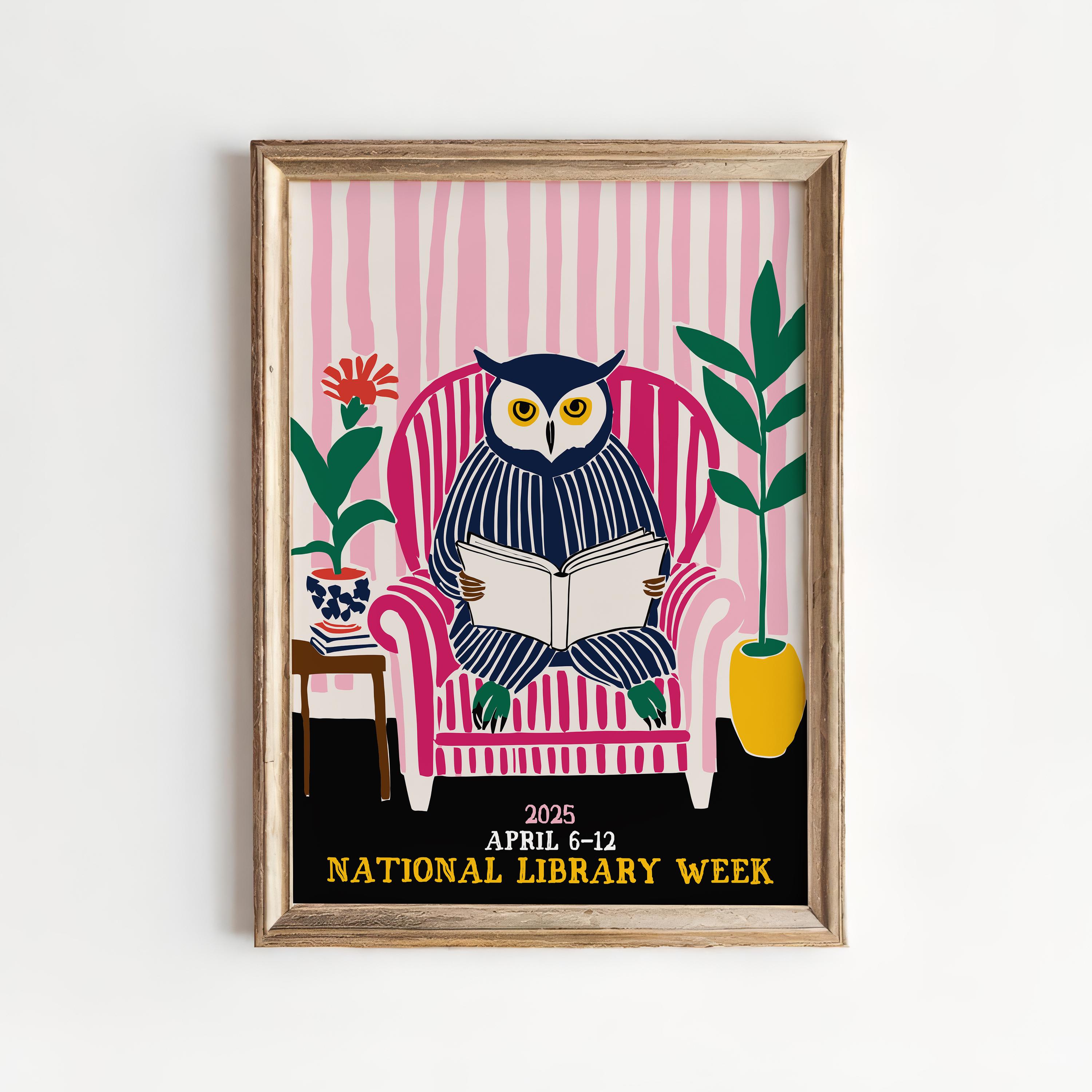 Owl Reading Poster: National Library Week 2025, Retro Pink Stripes