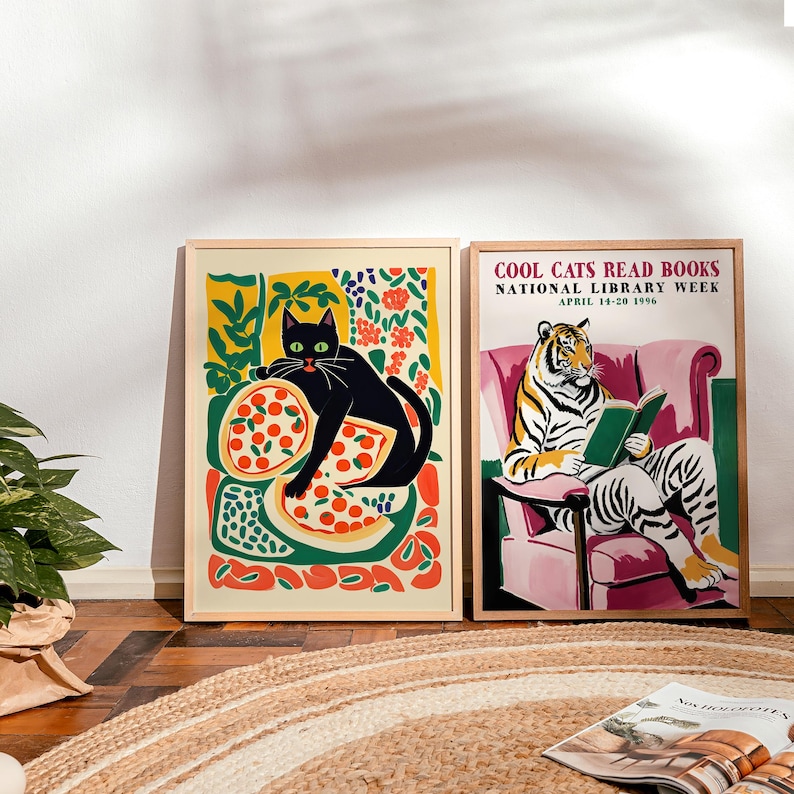 Pizza Cat Poster - Giclée Fine Art Print - Playful Kitchen Wall Decor Modern Food image 2