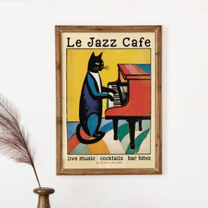 Le Jazz Cafe Poster - Cat Piano Music Lounge Bar Retro Vintage Wall Art Print