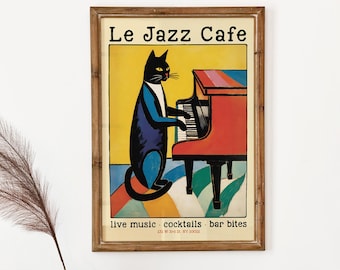 Le Jazz Cafe Poster - Cat Piano Music Lounge Bar Retro Vintage