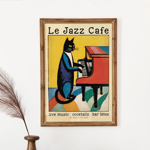Le Jazz Cafe Poster - Cat Piano Music Lounge Bar Retro Vintage