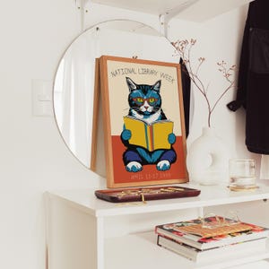 National Library Week 1999 Poster With Reading Cat | Retro Cat Art ...