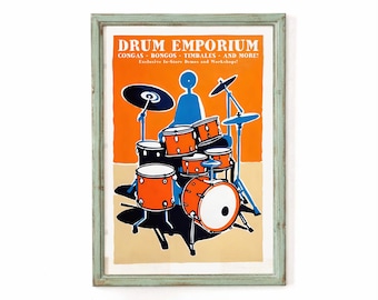 Drum Emporium Store Poster - Percussion Print Music Rhythm Instrument Workshop Retro Colorful Bold