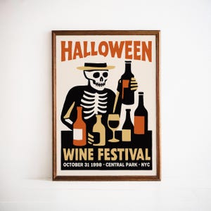 Halloween Wine Festival Skeleton Poster: Retro Spooky Bar Art