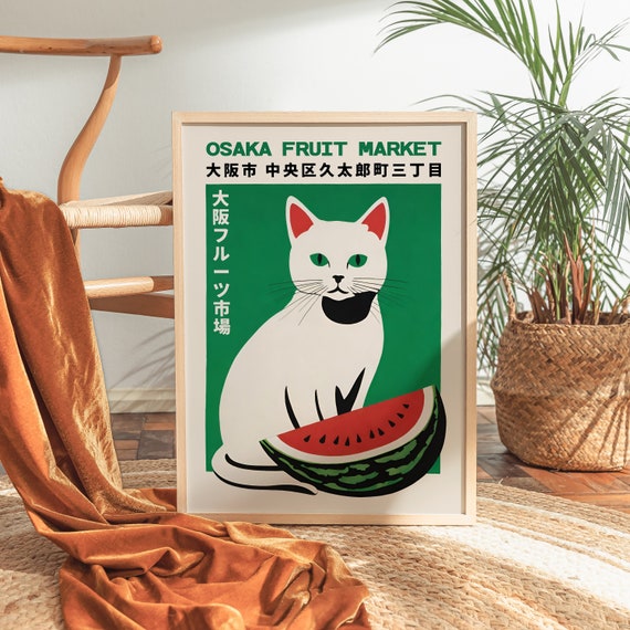 Osaka Fruit Market Poster: Japanese Cat & Watermelon Art Print - Etsy