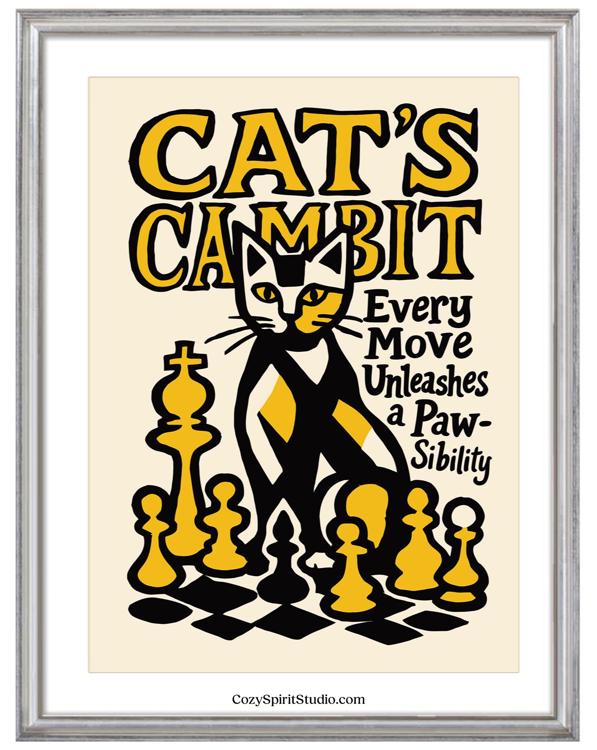 Cat's Gambit Poster Playful Feline Chess Humor Print for Fun Home Wall ...