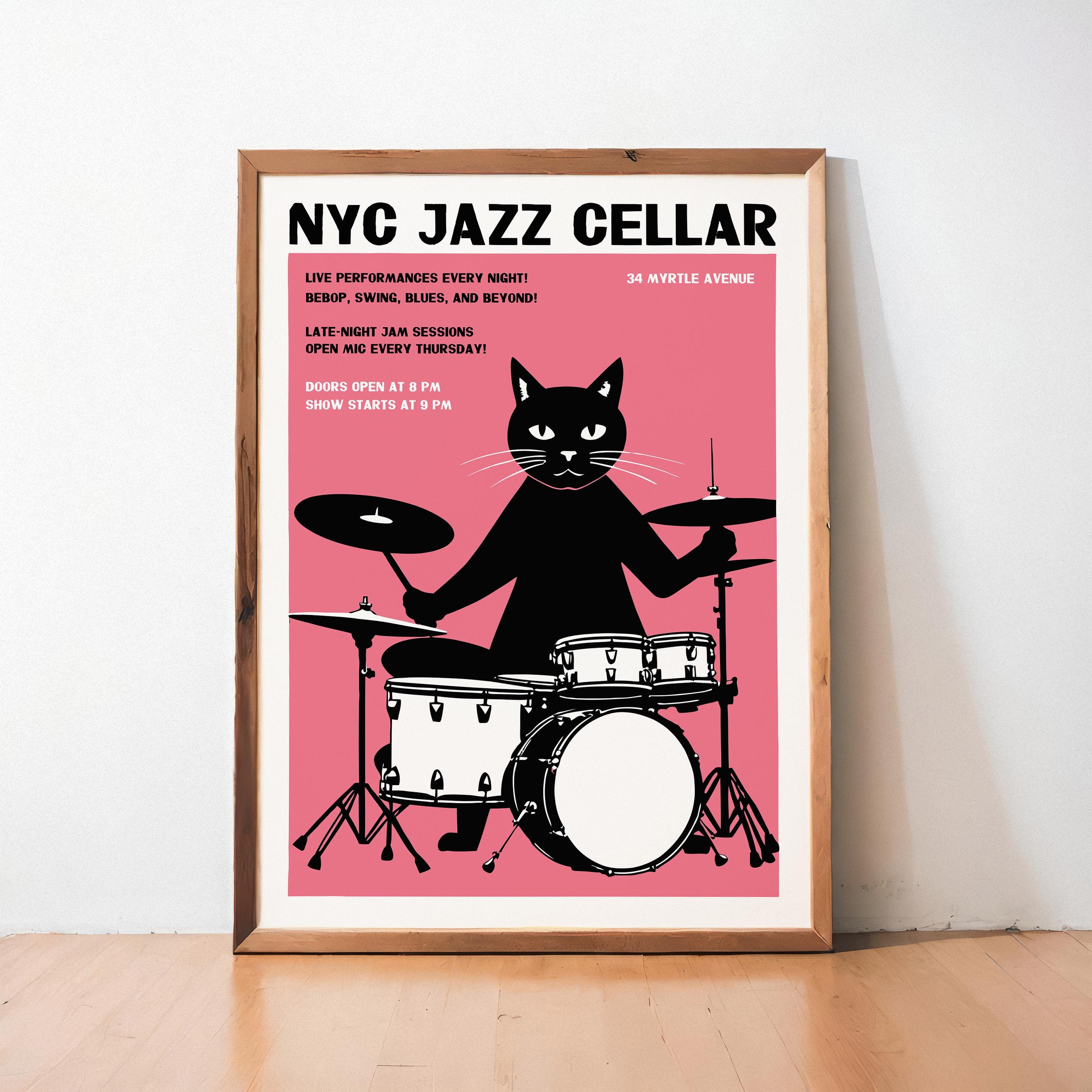 NYC Jazz Cat Drummer Poster: Mid-century Modern Music Room Art - Etsy