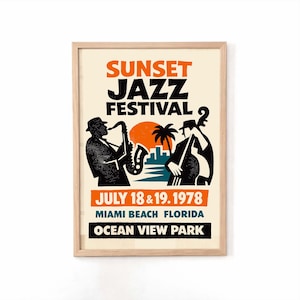 Framed Sunset Jazz Festival Poster 1978 - Giclée Fine Art Print - Vintage Miami Beach Decor