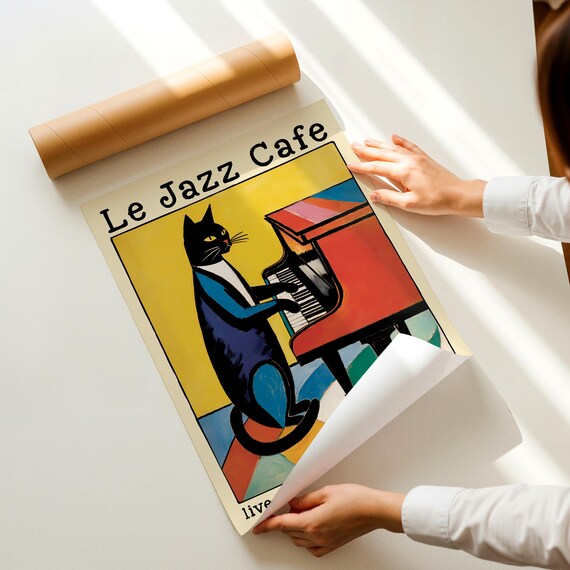 Le Jazz Cafe Poster - Cat Piano Music Lounge Bar Retro Vintage