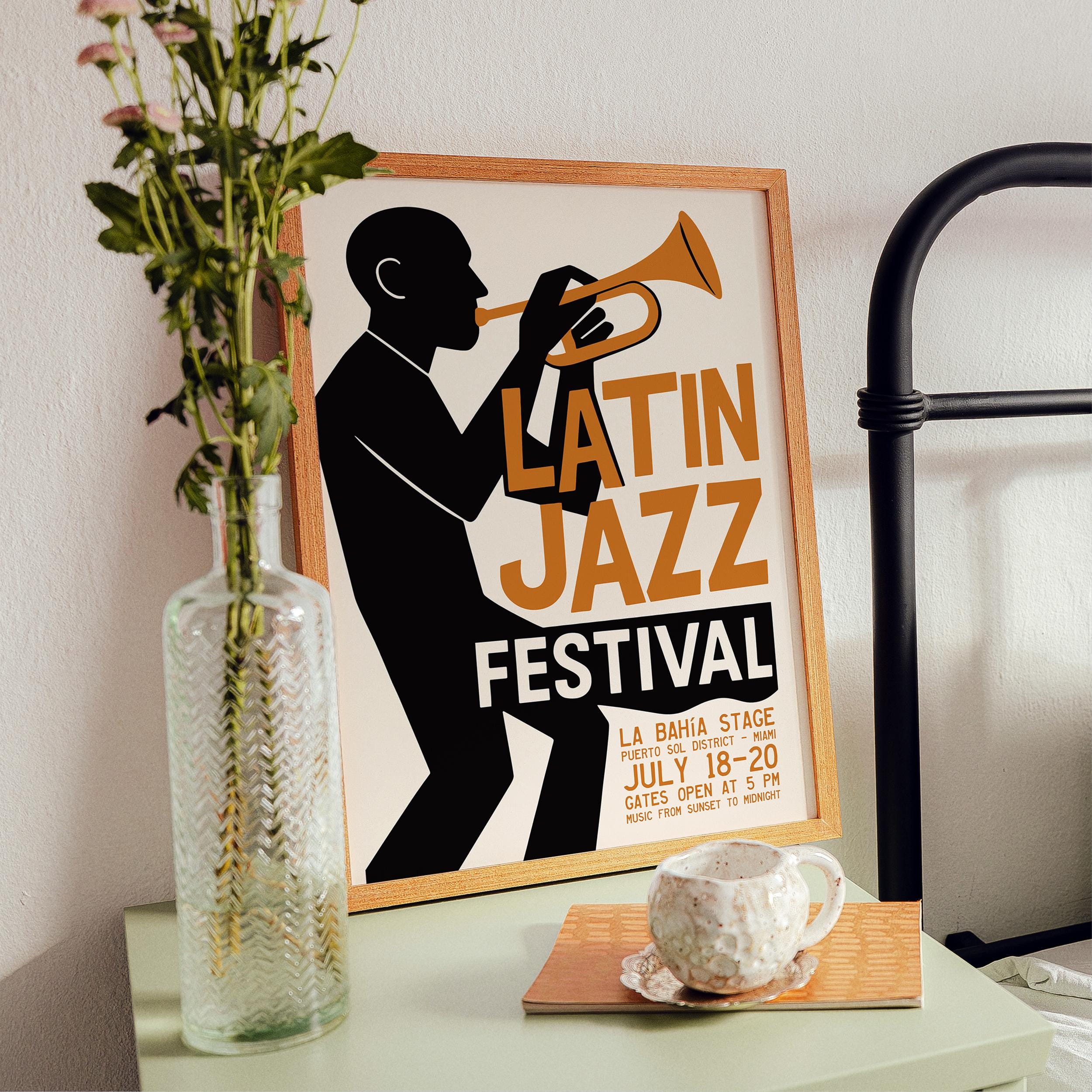 Latin Jazz Festival Poster - Trumpet Musician Music Lover Wall Art