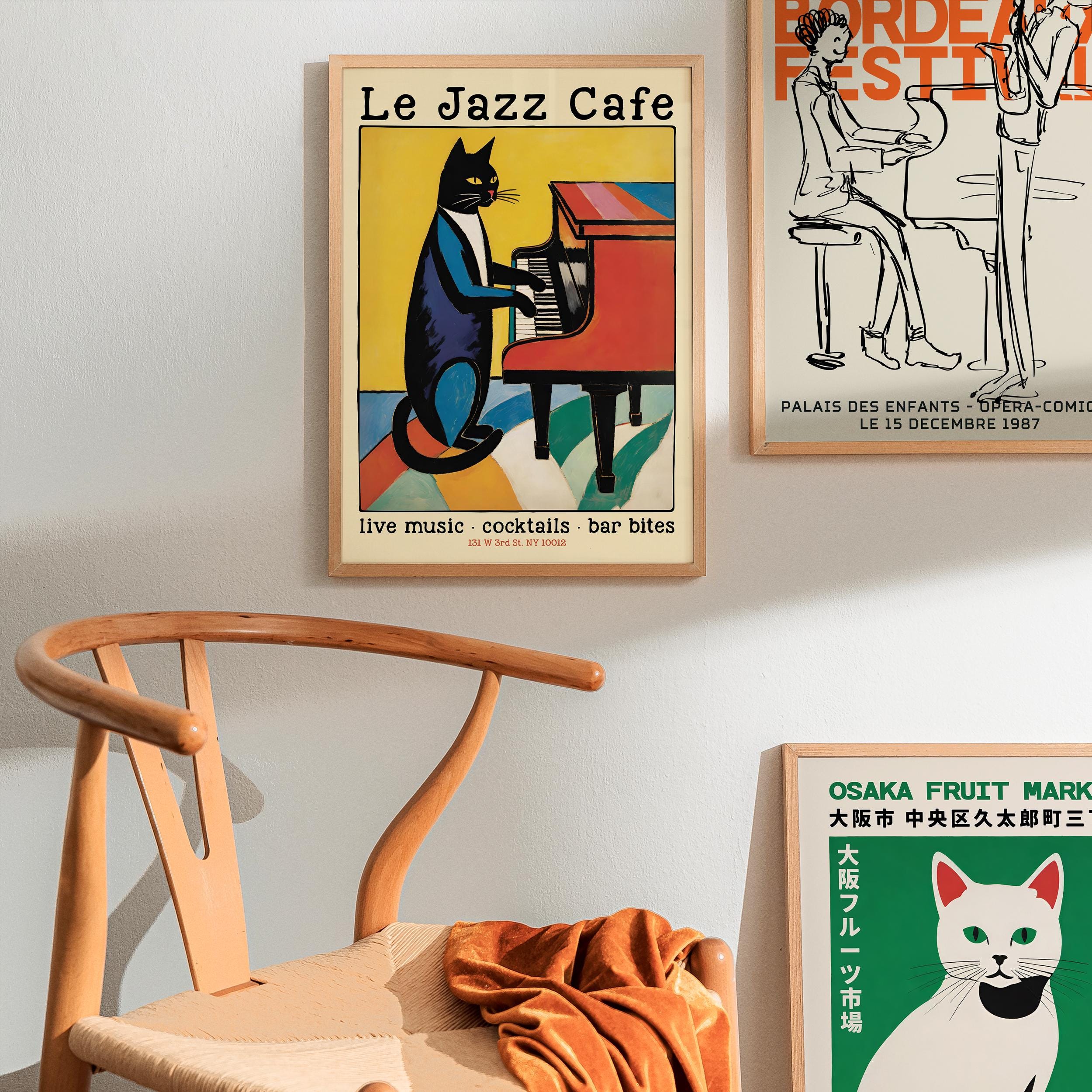 Le Jazz Cafe Poster - Cat Piano Music Lounge Bar Retro Vintage