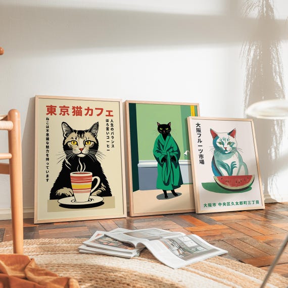 Japanese Tokyo Cafe Poster - Japan Print Cat Cup Table Cozy