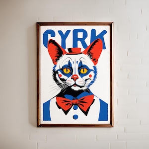 CYRK Polish Circus Poster: Cat Clown Mid-Century Modern Art Print