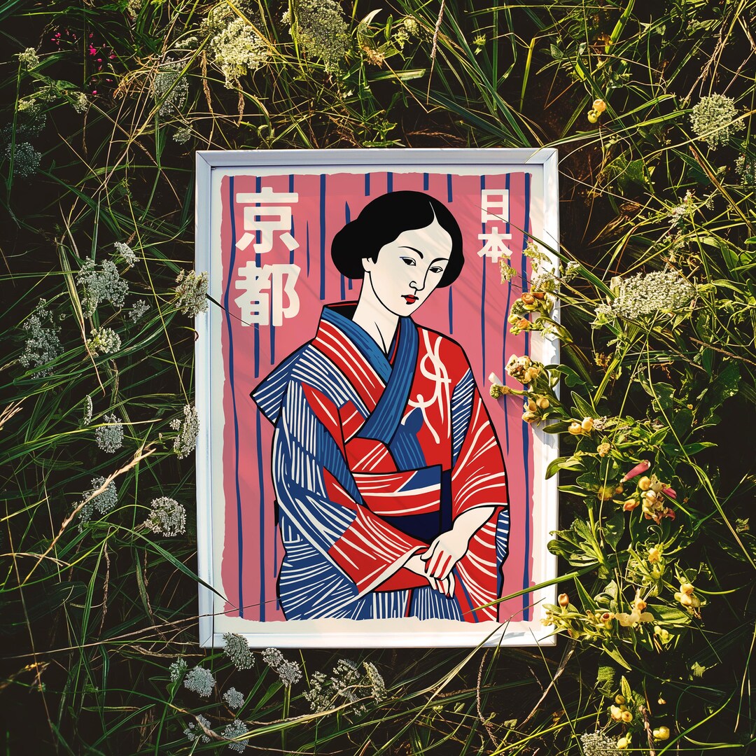Japanese Geisha Art Print - Vintage Style Kimono Woman Poster - Red ...