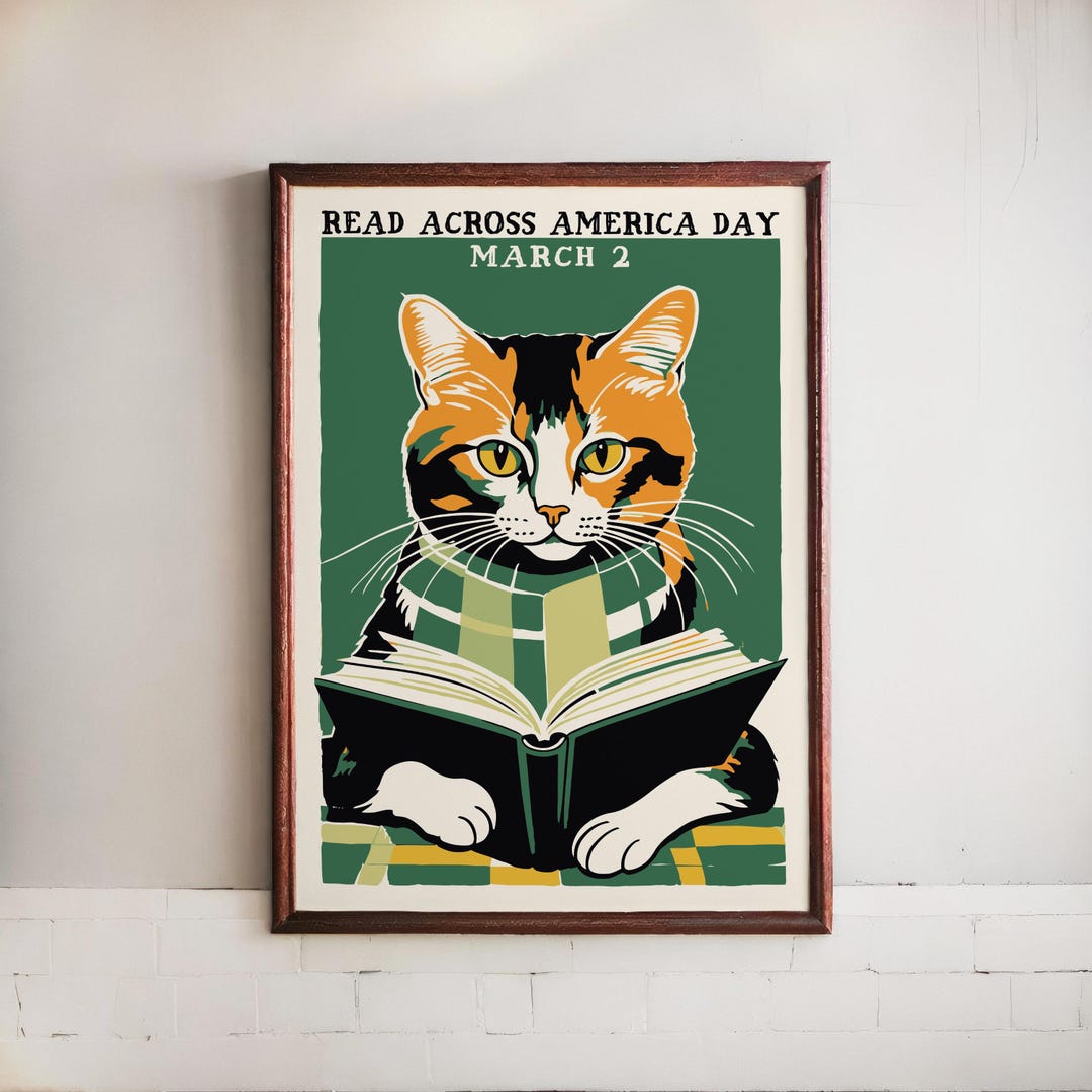 Read Across America Classroom Poster Literary Cat Art Print