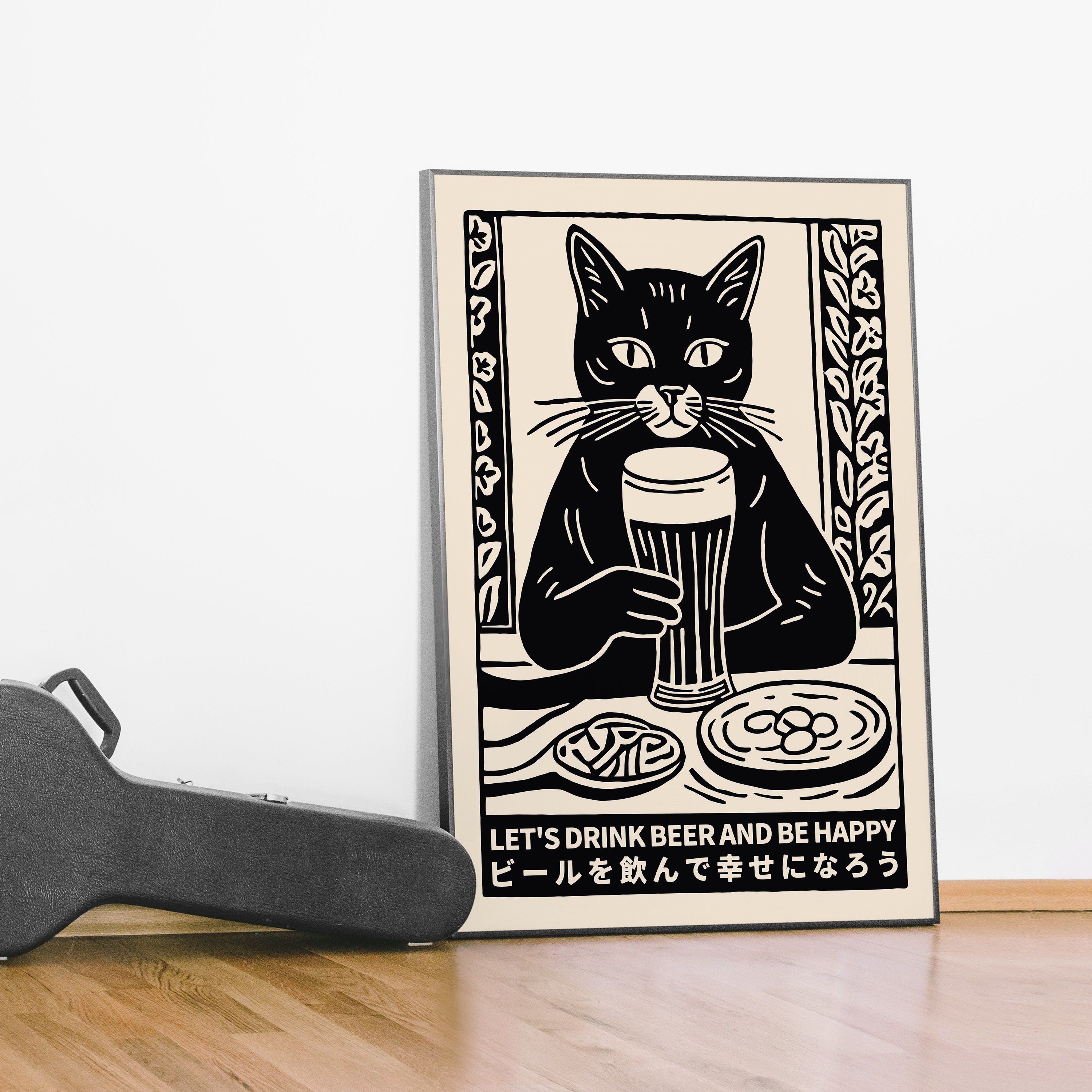 Let's Drink Beer and Be Happy Cat - Japanese Retro Wall Art Print