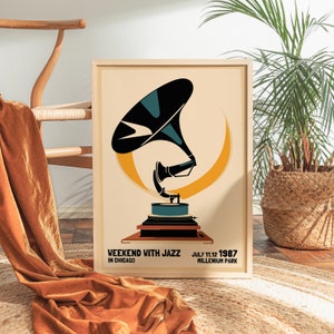 May include: A vintage-style poster with a black and teal gramophone illustration. The poster has a yellow crescent moon shape behind the gramophone. The text on the poster reads "Weekend with Jazz in Chicago" and "July 11-12 1987 Millennium Park".