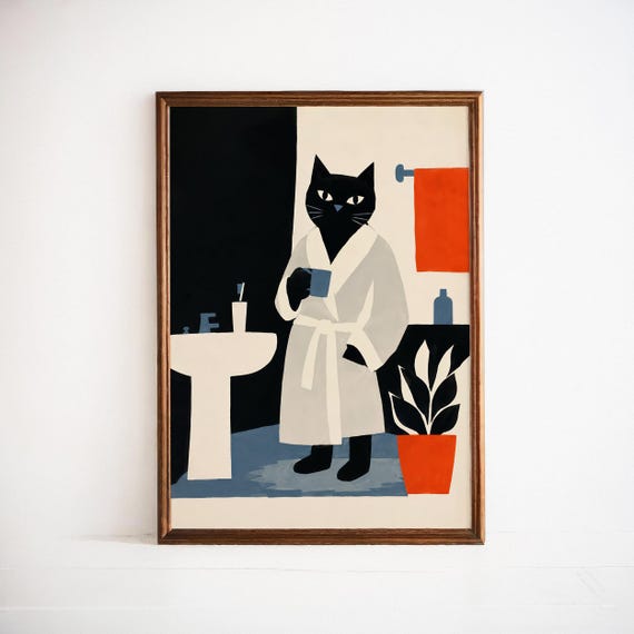 Black Cat Bathroom Print (Giclée Fine Art Print) Minimalist Pet Wall Decor For Cozy Homes