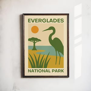 Impression d'affiche du parc national des Everglades - art mural animalier rétro, héron, cyprès et coucher de soleil - affiche de voyage nature pour décoration d'intérieur vintage