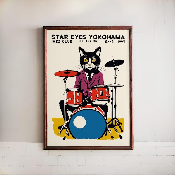 Japanese Jazz Cat Drummer Poster: Retro Yokohama Club Art - Etsy