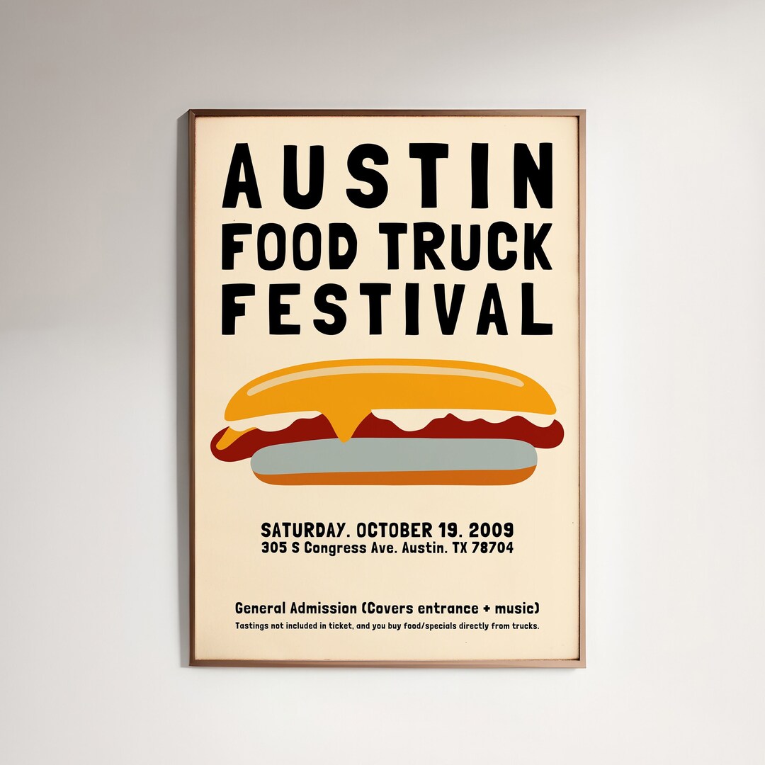 Austin FOOD TRUCK FESTIVAL Poster Texas Streetfood Retro Cooking Print