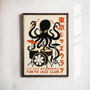 Tokyo Jazz Club – Octopus Drummer Poster Print Japanese Wall Decor Retro Music Room Art