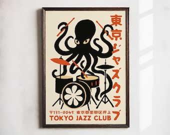 Tokyo Jazz Club – Octopus Drummer Poster Print Japanese Wall Decor Retro Music Room Art