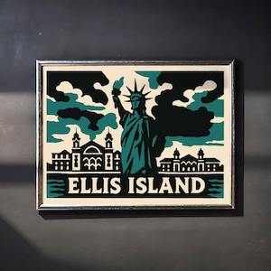 Vintage Ellis Island and Statue of Liberty Giclee Art Print - Retro New York City Poster - Wall Decor - High-Quality Perfect Gift