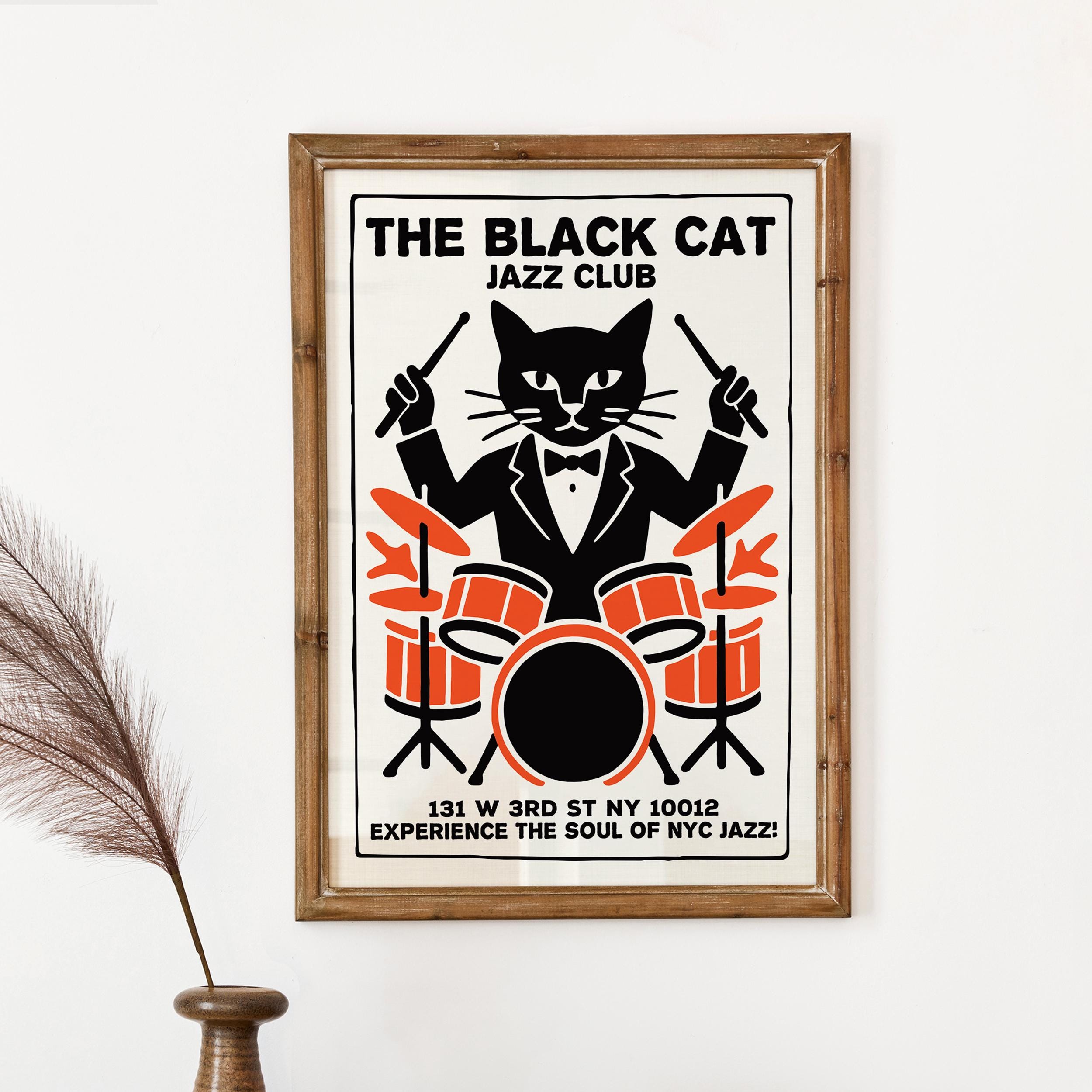 Black Cat Jazz Club Poster - Retro 60s Drummer Decor - New York