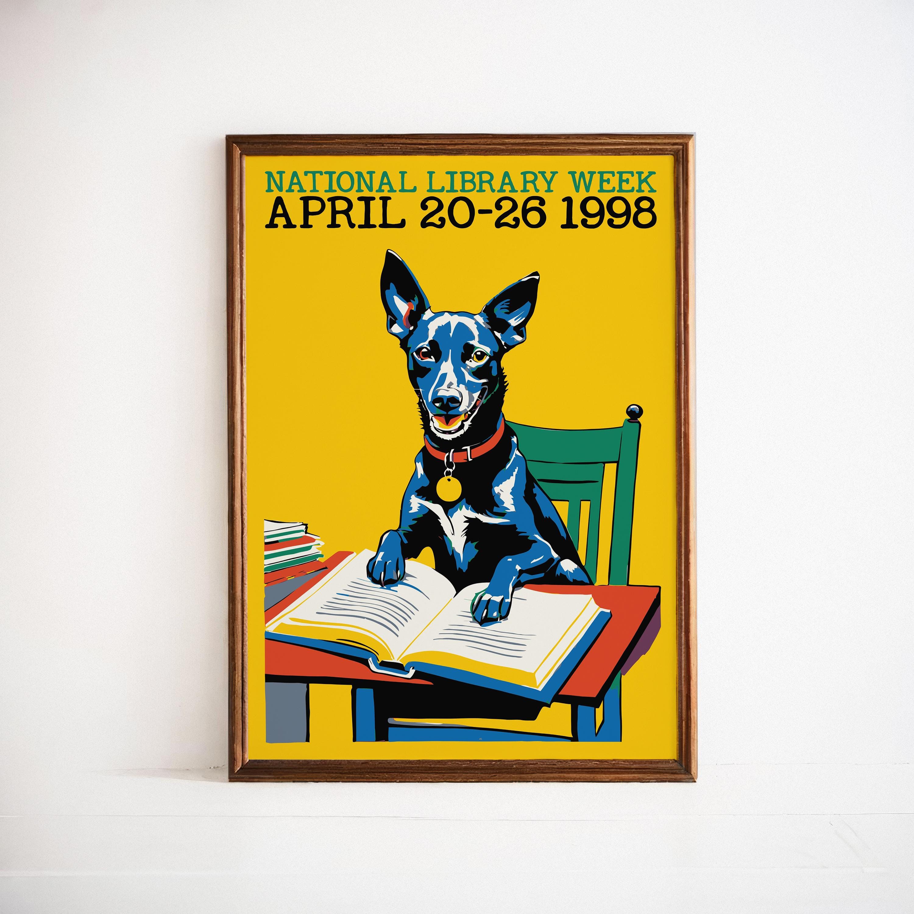 National Library Week 1998 Poster: Retro Dog Reading Art Print