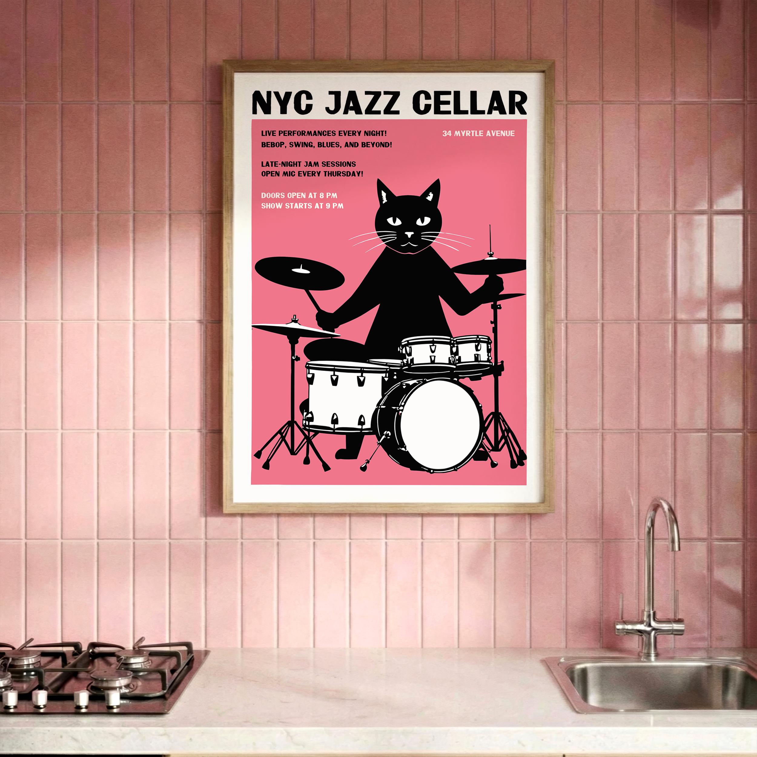 NYC Jazz Club Poster - Cat Drummer Print - Music Wall Art Bebop