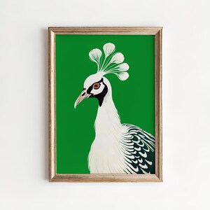 White Peacock Art Print: Elegant Bird Illustration, Green Background