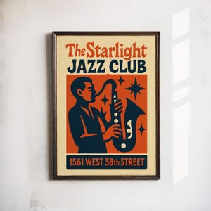 Vintage Jazz Club Poster Print, Retro Music Wall Art, Saxophone Player Art Print, Mid Century Modern Home Decor, Bar Wall Decor, Music Room