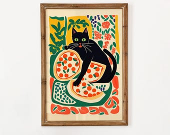Pizza Cat Poster - Giclée Fine Art Print - Playful Kitchen Wall Decor Modern Food