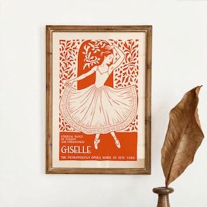 May include: Framed poster featuring a ballet dancer in a flowing dress, set against a vibrant orange background with floral patterns. The poster includes the text "Giselle" and "The Metropolitan Opera House of New York."
