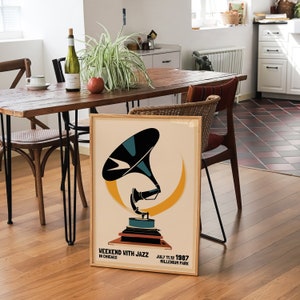 May include: A vintage-style poster with a black and teal gramophone on a cream background. The poster has the text "Weekend with Jazz in Chicago" and "July 11-12, 1987 Millennium Park".