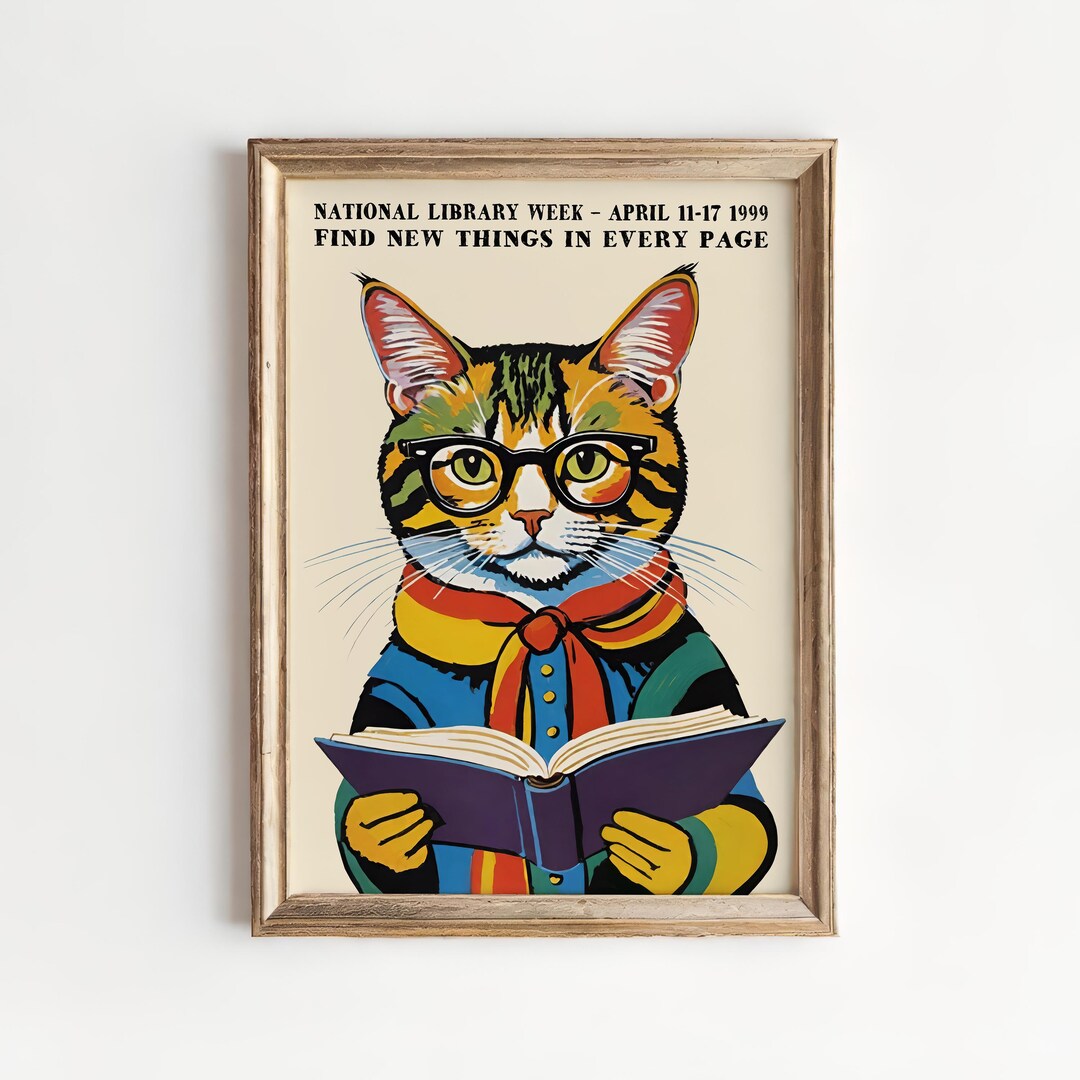 National Library Week 1999 Poster - Retro Cat With Glasses Reading Book ...