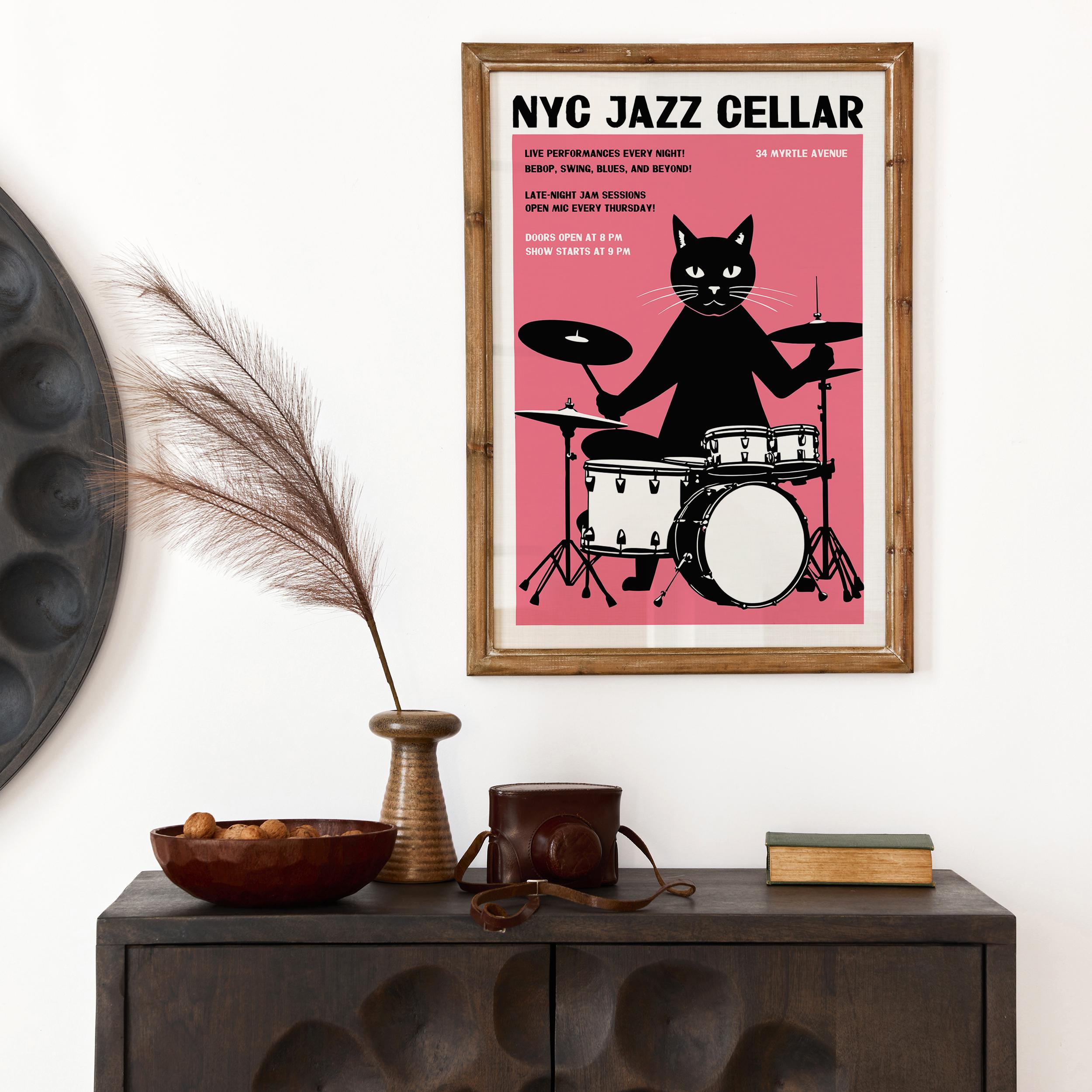 NYC Jazz Club Poster - Cat Drummer Print - Music Wall Art Bebop