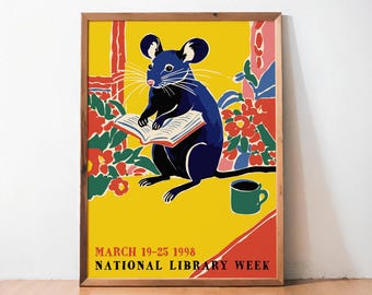 Vintage National Library Week Poster 1998 | Retro Reading Art Print Literary Wall Decor Home