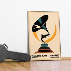 May include: A vintage-style poster advertising a "Weekend with Jazz" event in Chicago, featuring a black and gold illustration of a gramophone with a large horn. The poster is set against a light beige background and includes the text "July 11-12, 1987 Millennium Park".