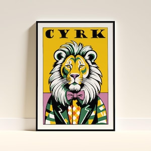 Polish CYRK Poster - Retro Circus Art Print with Elegant Lion in Bow Tie, Vintage Mid-Century Modern Style Wall Art, Unique Home Decor Gift