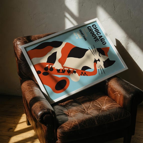 Chicago Jazz Cat Poster - 1989 Festival, Mid Century Wall Art