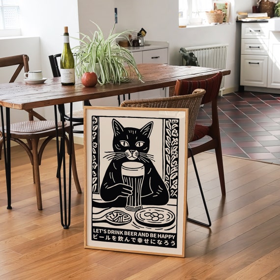 Let's Drink Beer and Be Happy Cat - Japanese Retro Wall Art Print
