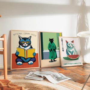National Library Week 1999 Poster With Reading Cat | Retro Cat Art ...